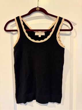 LOFT Black knit sweater Tank with Cream Scalloped Trim